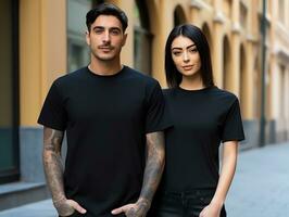 A couple boyfriend and girlfriend wearing blank black matching t-shirts mockup for design template, AI Generated photo