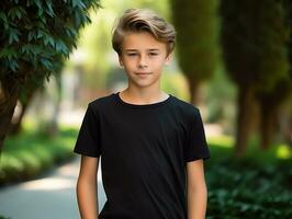 Cute boy wearing blank empty black t-shirt mockup for design template,AI Generated photo