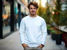joven hombre vistiendo blanco vacío blanco camiseta largo mangas suéter Bosquejo para diseño plantilla, ai generado foto