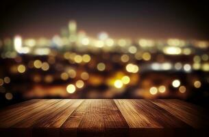 Blank empty wooden tabletop over blur city night view background, mock up and montage for product, AI Generated photo