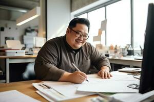 Plus size manager asian businessman CEO working in modern office, AI Generated photo