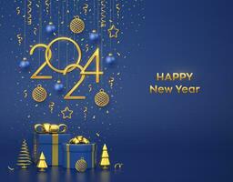 Happy New 2024 Year. Hanging golden metallic numbers 2024 with stars, balls and confetti on blue background. Gift boxes and golden metallic pine or fir, cone shape spruce trees. Vector illustration.