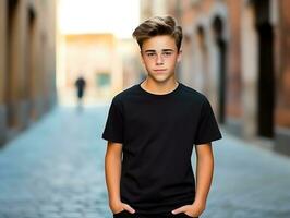 Cute boy wearing blank empty black t-shirt mockup for design template,AI Generated photo