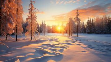 Beautiful sunset in the winter snow landscape background, AI Generated photo