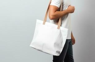 Man holding blank empty canvas bag for shopping, eco friendly concept photo