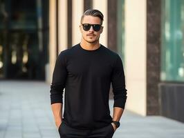 A man with sunglasses wearing blank empty black t-shirt mockup for design template,AI Generated photo