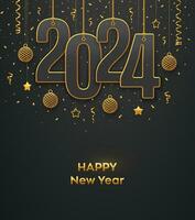 Happy New 2024 Year. Hanging on gold ropes numbers 2024 with shining 3D metallic stars, balls and confetti on black background. New Year greeting card, banner template. Realistic Vector illustration.