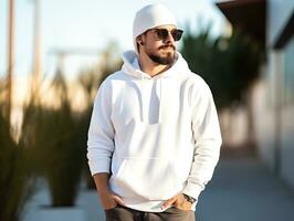 Attractive caucasian man wearing blank empty white hoodie mockup for design template,AI Generated photo