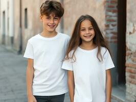 linda hermano o amigo, chico y niña vistiendo blanco vacío blanco camiseta Bosquejo para diseño plantilla, ai generado foto