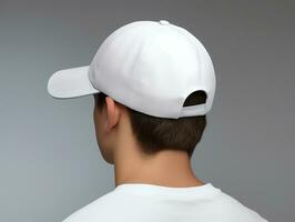 A man wearing blank empty white cap mockup for design template, AI Generated photo