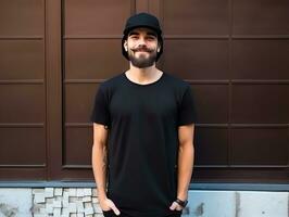 un hipster hombre vistiendo blanco vacío negro camiseta Bosquejo para diseño plantilla, ai generado foto