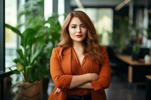 Plus size manager businesswoman CEO confident and standing front of modern office,AI Generated photo