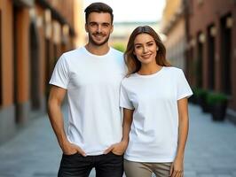 un Pareja novio y Novia vistiendo blanco blanco pareo camisetas Bosquejo para diseño plantilla, ai generado foto