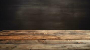 Blank wooden tabletop on black board wall background, mockup and display for product, banner style,AI Generated photo