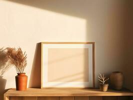 contemporáneo acogedor vivo habitación casa con blanco foto marco para decorativo, ai generado