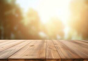 Abstract blank wooden tabletop over blurred green plant in garden background with morning sunlight, AI Generated photo