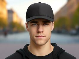 un hombre vistiendo blanco vacío negro gorra Bosquejo para diseño plantilla, ai generado foto