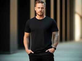 Attractive caucasian man wearing blank empty black t-shirt mockup for design template, AI Generated photo