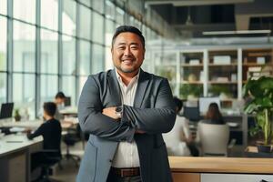 Plus size manager asian businessman CEO confident and standing front of modern office,AI Generated photo