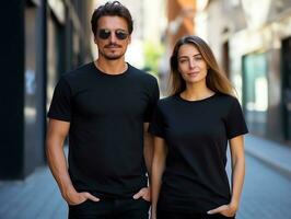 A couple boyfriend and girlfriend wearing blank black matching t-shirts mockup for design template, AI Generated photo