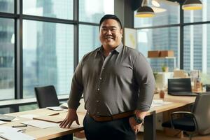 Plus size manager asian businessman confident and standing front of modern office, AI Generative photo