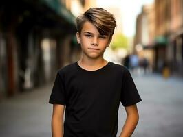 Cute boy wearing blank empty black t-shirt mockup for design template,AI Generated photo