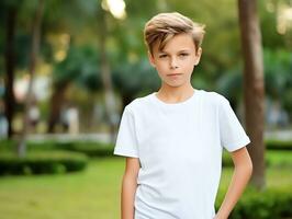 Cute boy wearing blank empty white t-shirt mockup for design template,AI Generated photo