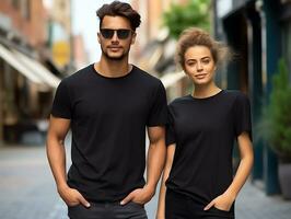 A couple boyfriend and girlfriend wearing blank black matching t-shirts mockup for design template, AI Generated photo