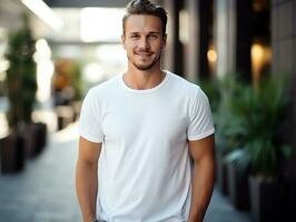 Attractive caucasian man wearing blank empty white t-shirt mockup for design template,AI Generated photo