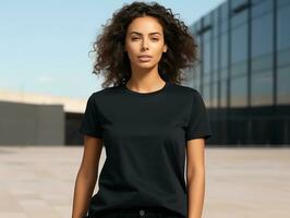 Attractive young woman wearing blank empty black t-shirt mockup for design template, AI Generated photo