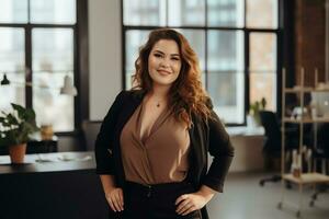 Plus size manager businesswoman CEO confident and standing front of modern office,AI Generated photo