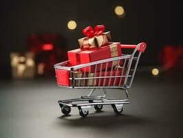 Shopping cart with gift boxes for black friday holiday concept, AI Generated photo
