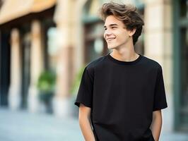 Cute teen boy wearing blank empty black t-shirt mockup for design template, AI Generated photo