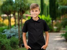 Cute boy wearing blank empty black polo t-shirt mockup for design template,AI Generated photo