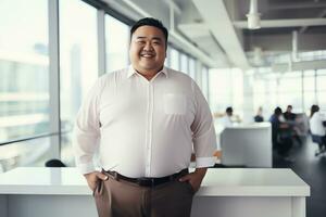 Plus size manager asian businessman CEO confident and standing front of modern office,AI Generated photo