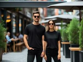 A couple boyfriend and girlfriend wearing blank black matching t-shirts mockup for design template,AI Generated photo