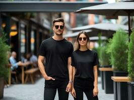 un Pareja novio y Novia vistiendo blanco negro pareo camisetas Bosquejo para diseño plantilla, ai generado foto