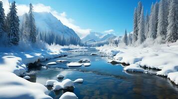 Landscape of winter mountain with river in national park, AI Generated photo