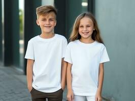 linda hermano o amigo, chico y niña vistiendo blanco vacío blanco camiseta Bosquejo para diseño plantilla, ai generado foto