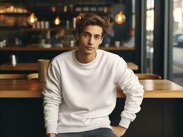 Young man wearing blank empty white t-shirt long sleeves sweater mockup for design template, AI Generated photo