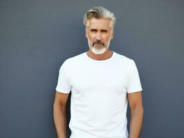 Healthy senior man wearing blank empty white t-shirt mockup for design template, AI Generated photo