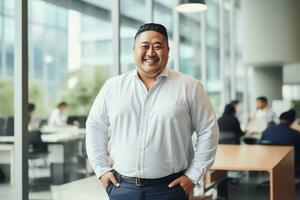 Plus size manager asian businessman CEO confident and standing front of modern office,AI Generated photo