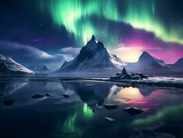 landscape of beautiful aurora borealis over snowy mountain background, AI Generated photo