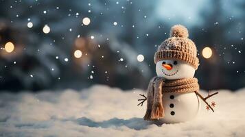 Cute snowman in a cap and scarf in winter snow scene background, celebration concept, AI Generated photo