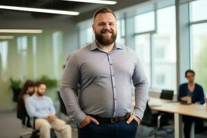 Plus size manager businessman CEO confident and standing front of modern office, AI Generative photo