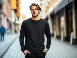 A man wearing blank empty black long sleeves mockup for design template,AI Generated photo