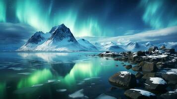 paisaje de hermosa Aurora borealis terminado Nevado montaña fondo, ai generado foto
