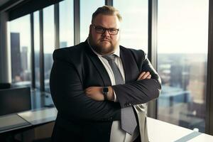 Serious plus size manager businessman CEO confident and standing front of modern office,AI Generated photo