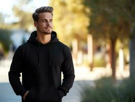 Attractive caucasian man wearing blank empty black hoodie mockup for design template,AI Generated photo