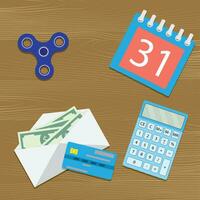 Salary on table. Vector money in envelope, calendar and calculation wage in office illustration